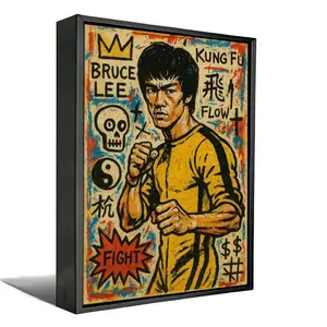 Distressed Retro Textured Pop Art Framed Canvas Art, Classic Global Martial Arts Icon Graffiti Wall Poster, Nostalgic Vintage Tone Decor For Gym Man Cave Study Room, Collectible Gift For Old Kung Fu Movie Fans & Sports Lovers