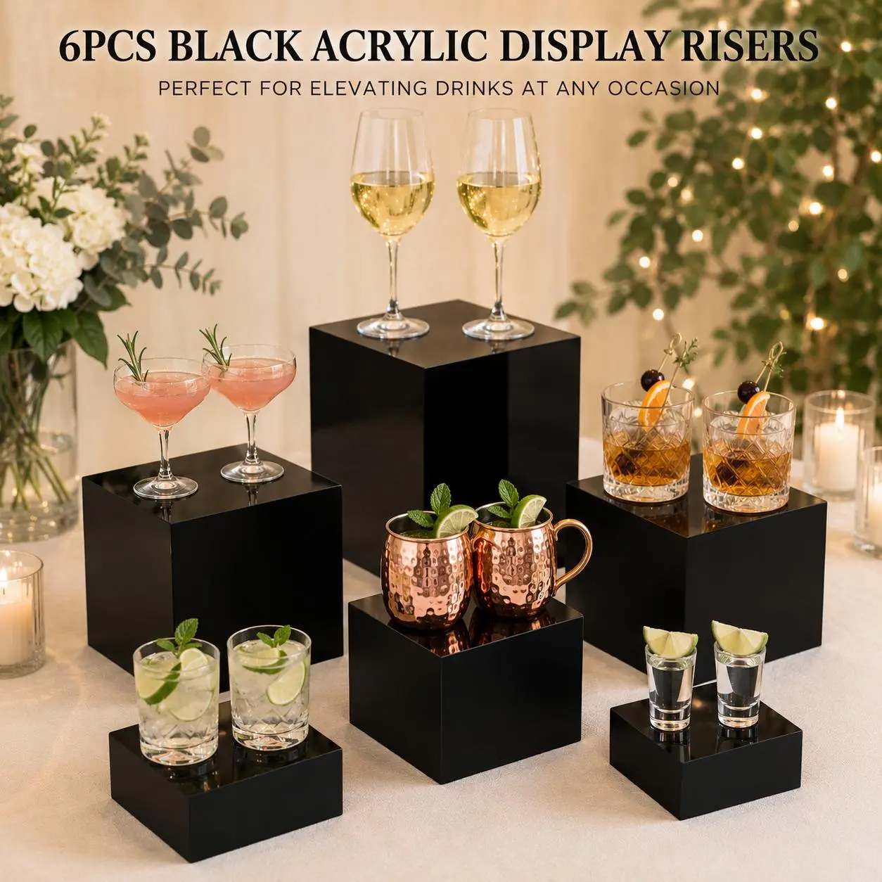 6PCS Black Acrylic Display Risers for Dessert Tables, Events & Parties