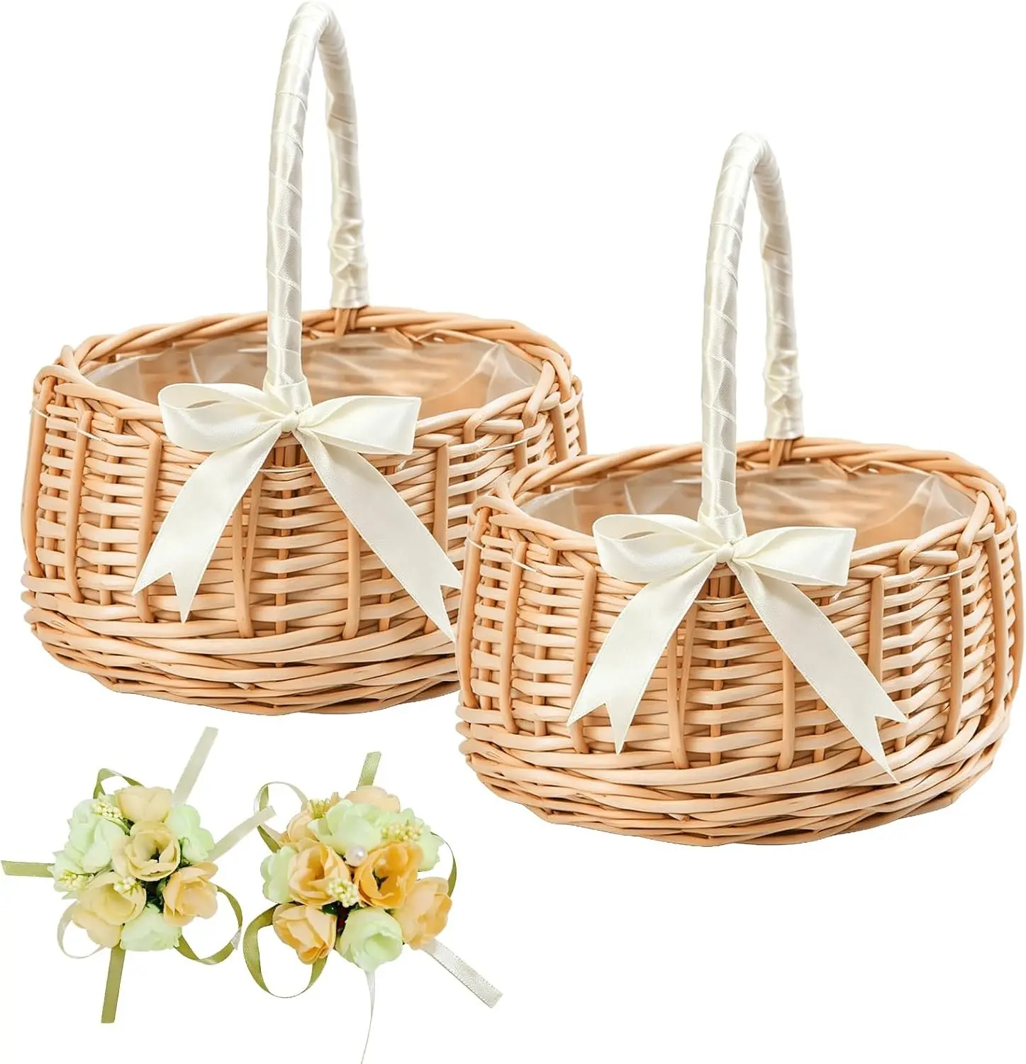 Set of 2 Rustic Handwoven Wicker Flower Girl Baskets for Wedding with Satin Ribbon Wrapped Handle & Double Large Lace Bows Waterproof Lining for Petal Ceremony Boho Vintage
