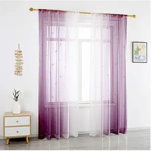 Star Print Sheer Curtains Faux Linen Spring Summer Semi Voile Rod Pocket Light Filtering and Privacy Gradient Curtain for Bedroom and Living Room, Set of 2 Panels, Star-White/Yellow/Magenta/Olive/Purple, 52'' Wide