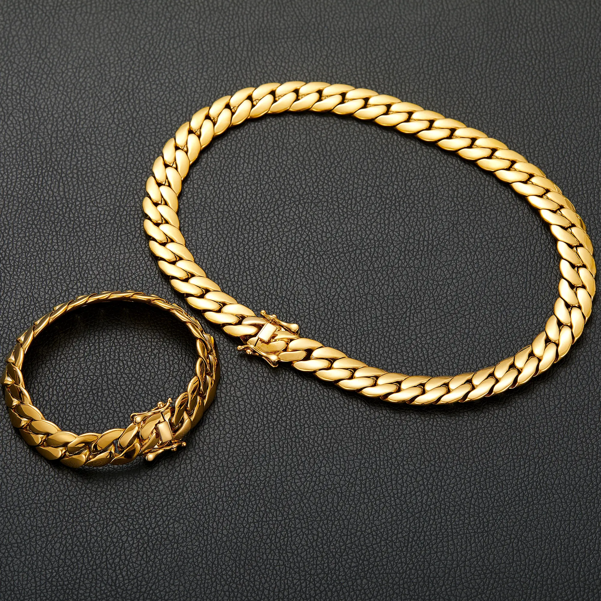 14K Gold Cuban Jewelry Set 8/10mm Flat Miami Cuban Link Chain with Design Clasp Mens Oval-profile Stainless Steel Hip Hop Necklace + Bracelet 7.5-24"