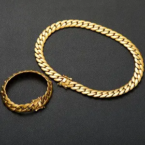 14K Gold Cuban Jewelry Set 8/10mm Flat Miami Cuban Link Chain with Design Clasp Mens Oval-profile Stainless Steel Hip Hop Necklace + Bracelet 7.5-24"