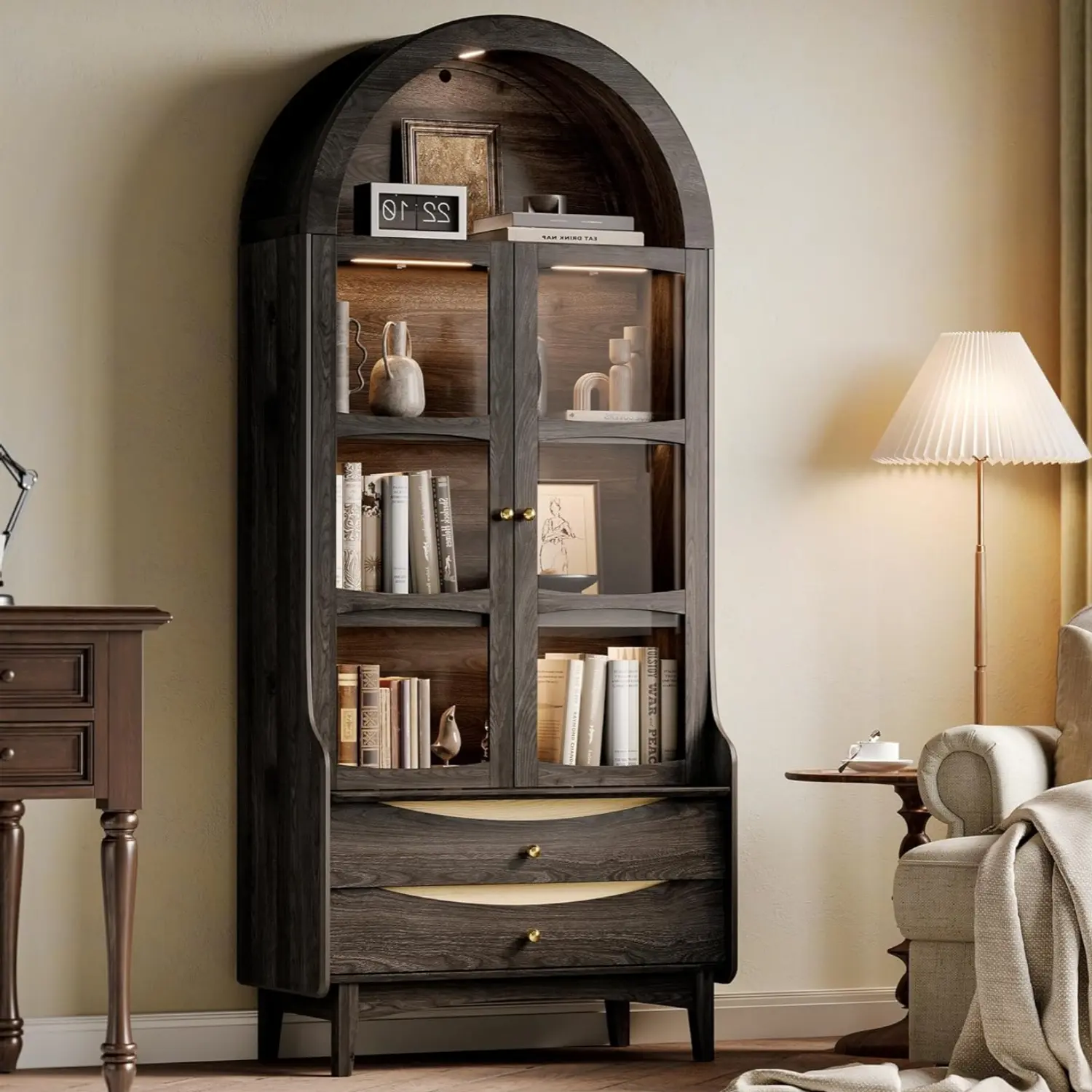 74" Tall 4-Tier Modern Farmhouse Arched Bookcase - Wooden Display Cabinet with Glass Doors, LED Lights, 2 Drawers for Living Room, Dining Room (Black)
