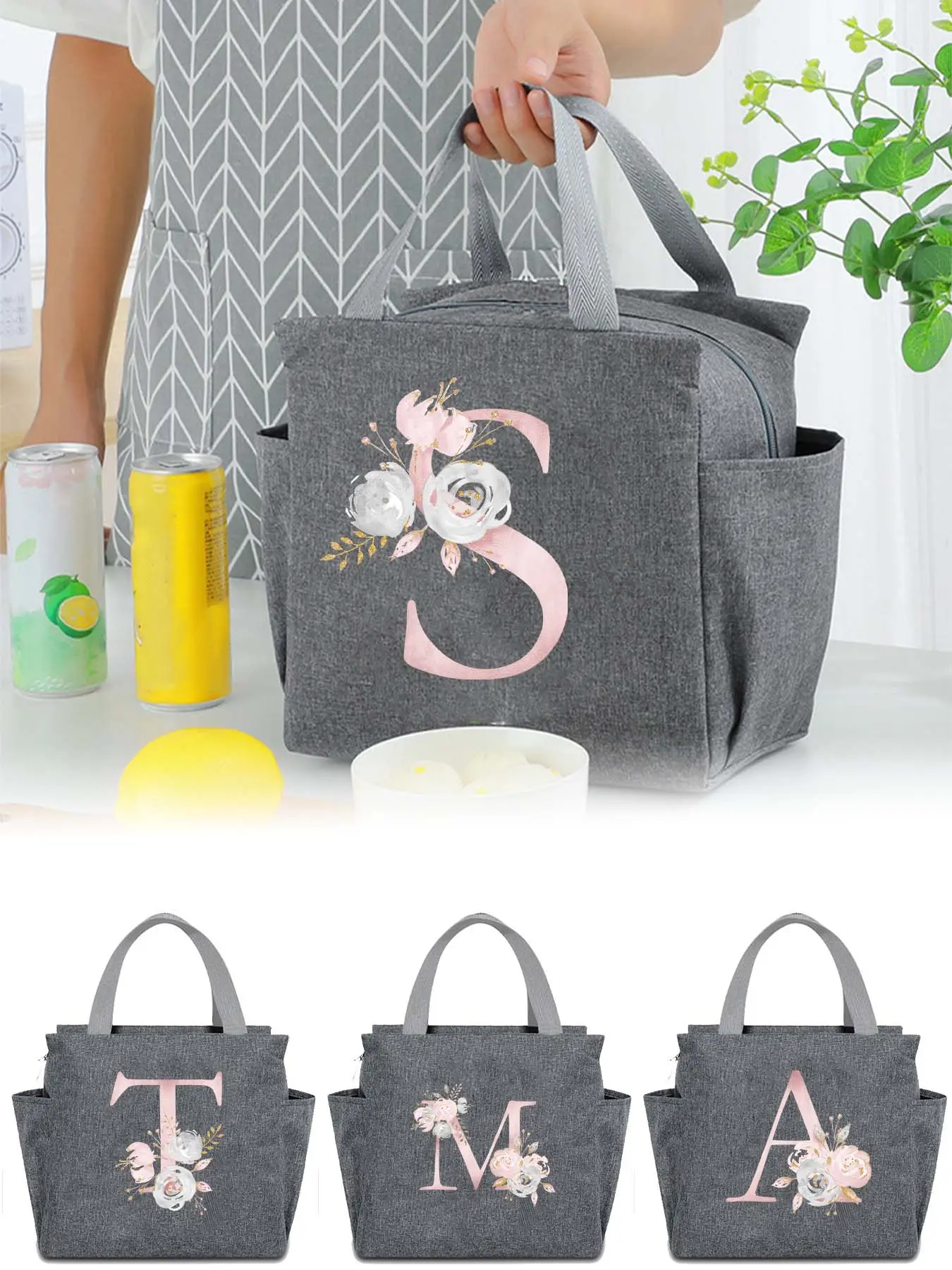 Letter Pattern Insulated Lunch Bag, Large Capacity Waterproof Lunch Handbag, Zipper Thermal Lunch Box for Student Camping Picnic