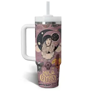 40oz Boho Music Lover Tumbler With Handle, Moon Gypsy Inspired Travel Mug, Stainless Steel Insulated Cup With Straw