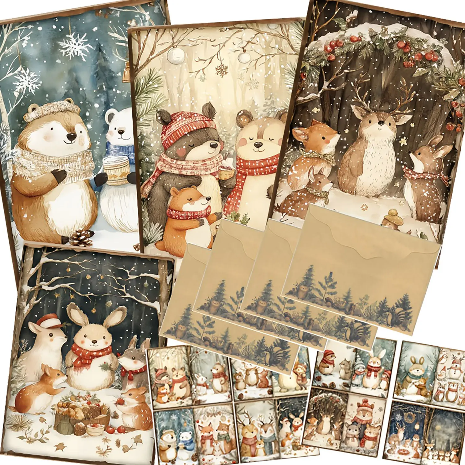 48pcs Cards set(12 Cards+32 Stickers+4 Envelopes), Woodland Animal Christmas Theme, with Bear, Christmas Floral Patterns, Suitble for Greetingcards, Postcard, Message Cards, Custom Message Card, Hand Craft, Scrapbooking