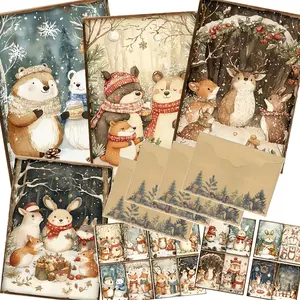 48pcs Cards set(12 Cards+32 Stickers+4 Envelopes), Woodland Animal Christmas Theme, with Bear, Christmas Floral Patterns, Suitble for Greetingcards, Postcard, Message Cards, Custom Message Card, Hand Craft, Scrapbooking