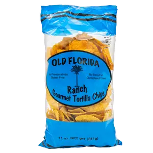 Old Florida Gourmet Ranch Tortilla Chips 11 oz. All Natural Gluten Free Thin and Crispy Tortillas Non-GMO Corn No Preservatives Mexico Salty Snack