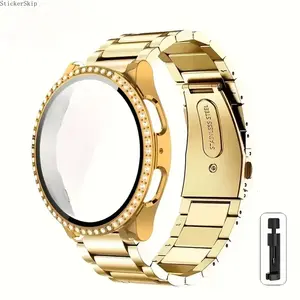 2026 NEW Strap+Case+Tool for SamSung for Galaxy Watch 6 & 7 & 5 & 4- 40mm/44mm Metal Watch Band Stainless Steel Strap+ Rhinestone Full Screen PC Cover+Link Remove Tool