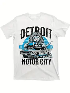 Detroit-Motor-City-Lion-Musclesame Style for Men And Women a Summer Short-Sleeved Printed T-Shirt Pure Cotton 220G