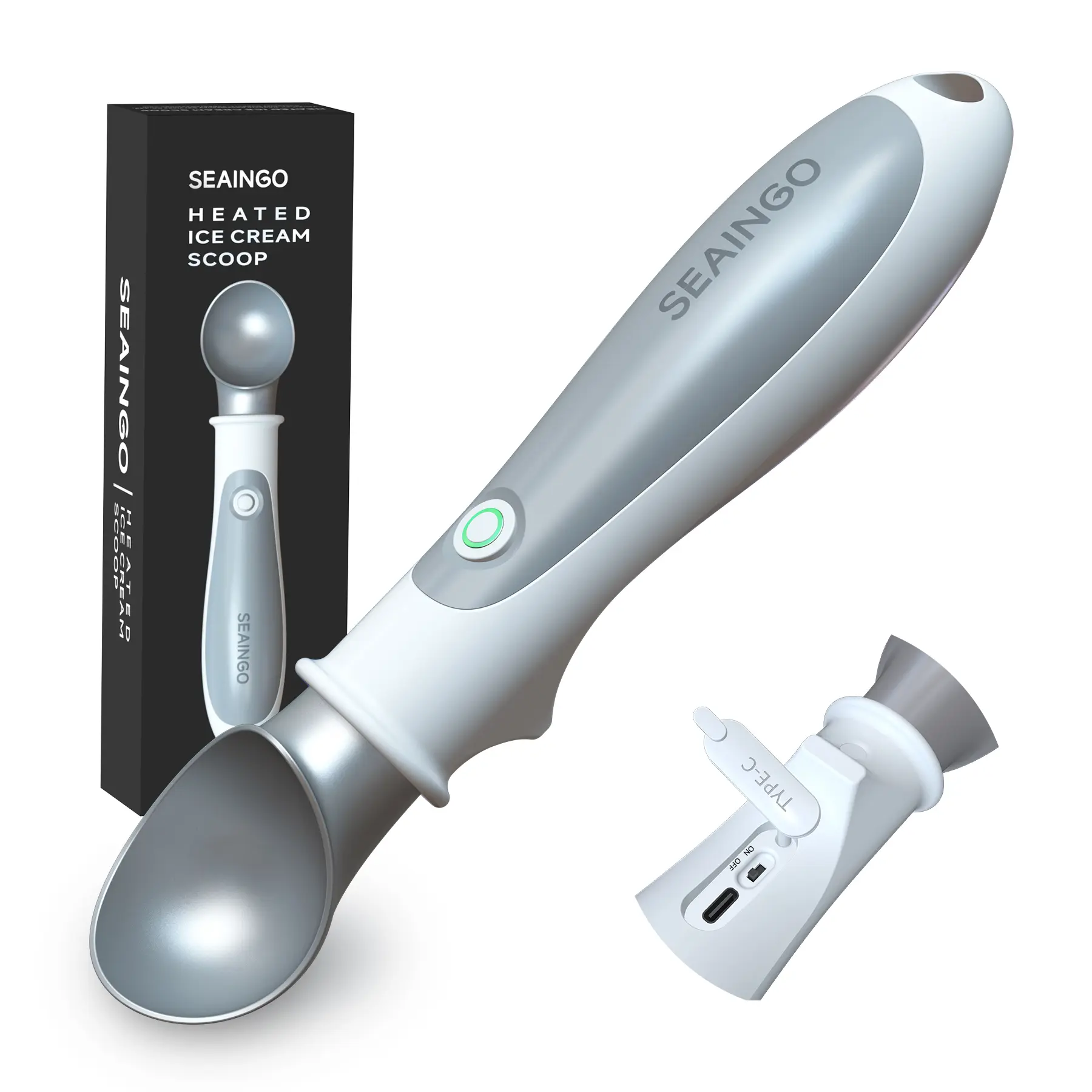 SEAINGO Non-stick Heated Ice Cream Scoop - Rechargeable, ON/OFF Safety Lock Switch, Two Warming Modes, Ergonomic Handle, Electric Kitchen Tool Scooper for Gelato, Frozen Yogurt, Sorbet & More