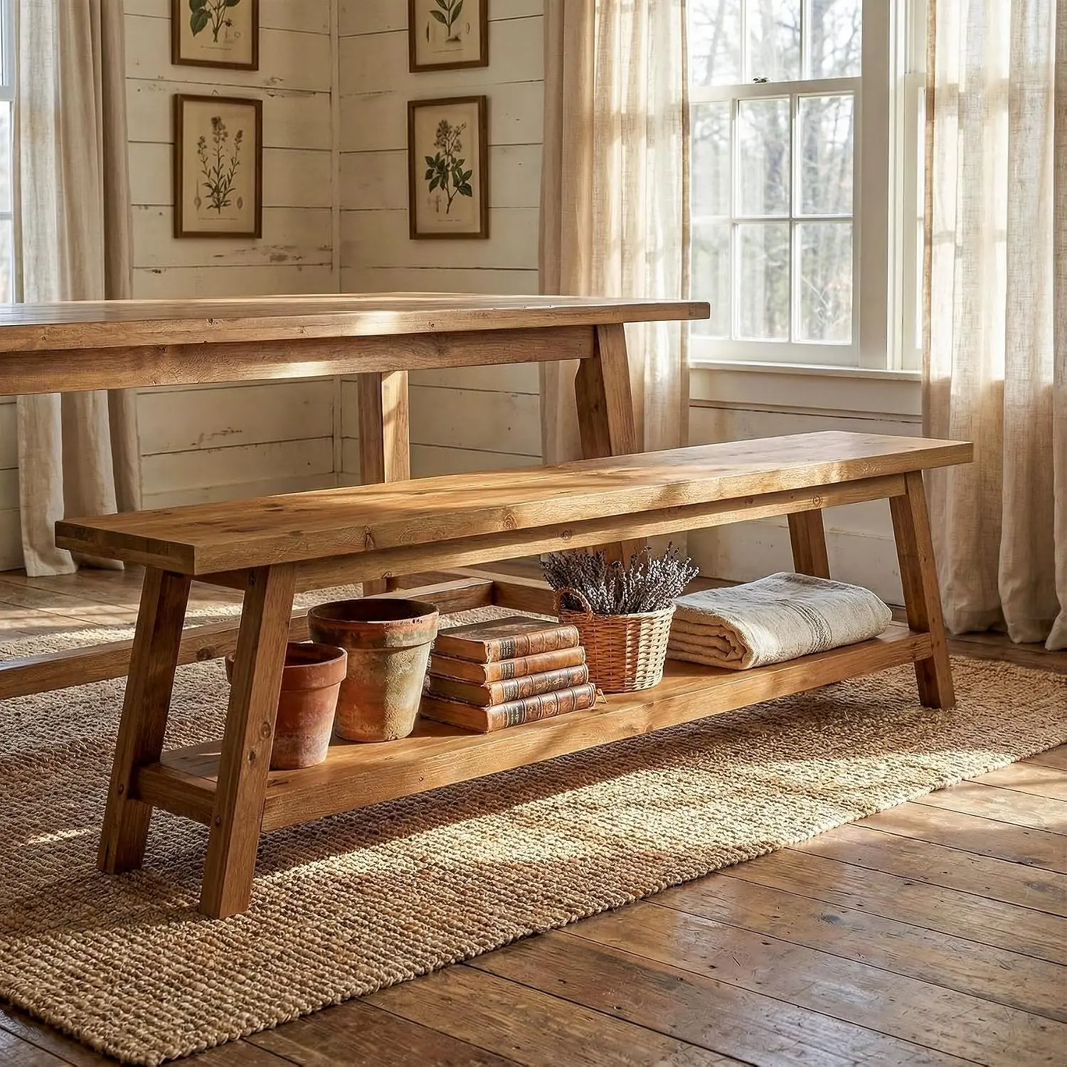 TRIBEWOOD 63 In Solid Wood Backless Dining Bench - Walnut Finish, Lower Shelf, Farmhouse Style, Farmhouse Home Decor, Easy Setup, Seats 2-3 for Dining Room, Entryway