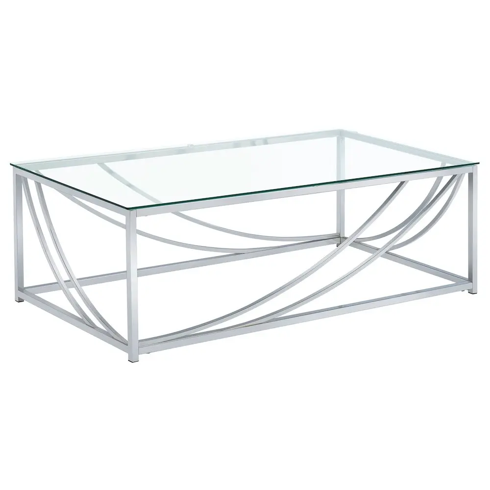 Lille Rectangular Glass Top Coffee Table - Chrome Finish, Open Base, Thin Accents, Visual Texture, Clean Design Indoor Furniture for Living Spaces, Rectangle