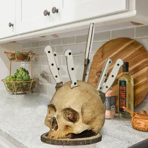 Skeleton Head Knife Holder, Skull Knife Block for Kitchen Storage, Halloween Horror Decor, Small Knife Rack (5.9IN No knives)