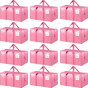 12 Pack Extra Heavy Duty Large Moving Bags with Strong Zipper & Comfortable Handles, Sturdy & Durable Clothes Storage Bags Totes Bins, Packing Moving Boxes for College Supplies, Pink