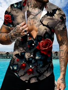 Men's Hawaiian Printed Short Sleeve Shirt, Rose Floral Pattern Beach Casual Top, Summer Fashion Men's Wear