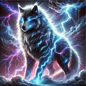 5D DIY Full Drill Round Diamond Painting - Diamond Art Kit Wolf, Lightning, Cloud Mosaic, Canvas - DIY Decoration Painting, Home Wall Decor, Suitable for Halloween and Christmas, Birthday and Anniversary Gifts, Diamond Painting Kits