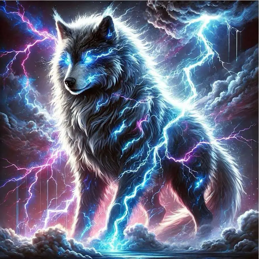5D DIY Full Drill Round Diamond Painting - Diamond Art Kit Wolf, Lightning, Cloud Mosaic, Canvas - DIY Decoration Painting, Home Wall Decor, Suitable for Halloween and Christmas, Birthday and Anniversary Gifts, Diamond Painting Kits