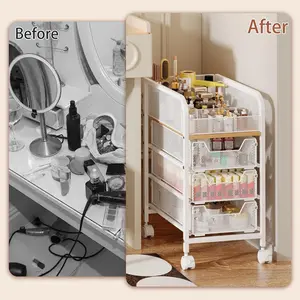 Rolling Makeup Cart Organizer with 3 Drawers – 4-Tier Slim Floor Vanity & Skincare Storage with Dividers, Mobile Cosmetic Display (White)