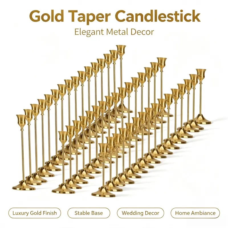 48-Pack Vintage Brass Candle Stands - Metal Tapered Holders for Home Decorating, Anniversary Aesthetic Home Decor (Candles Not Included)