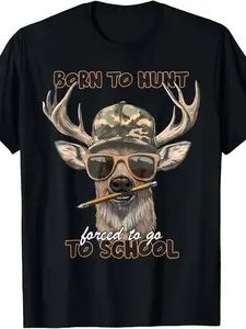 Men'S Funny Deer Hunting Graphic T-Shirt| "Born to Hunt Forced to Go to School" Slogan, Camo Deer Headphones Design, Retro Casual Short Sleeve Tee, Comfortable Round Neck Fit - Perfect for All-Season Casual Wear and Outdoor Activities