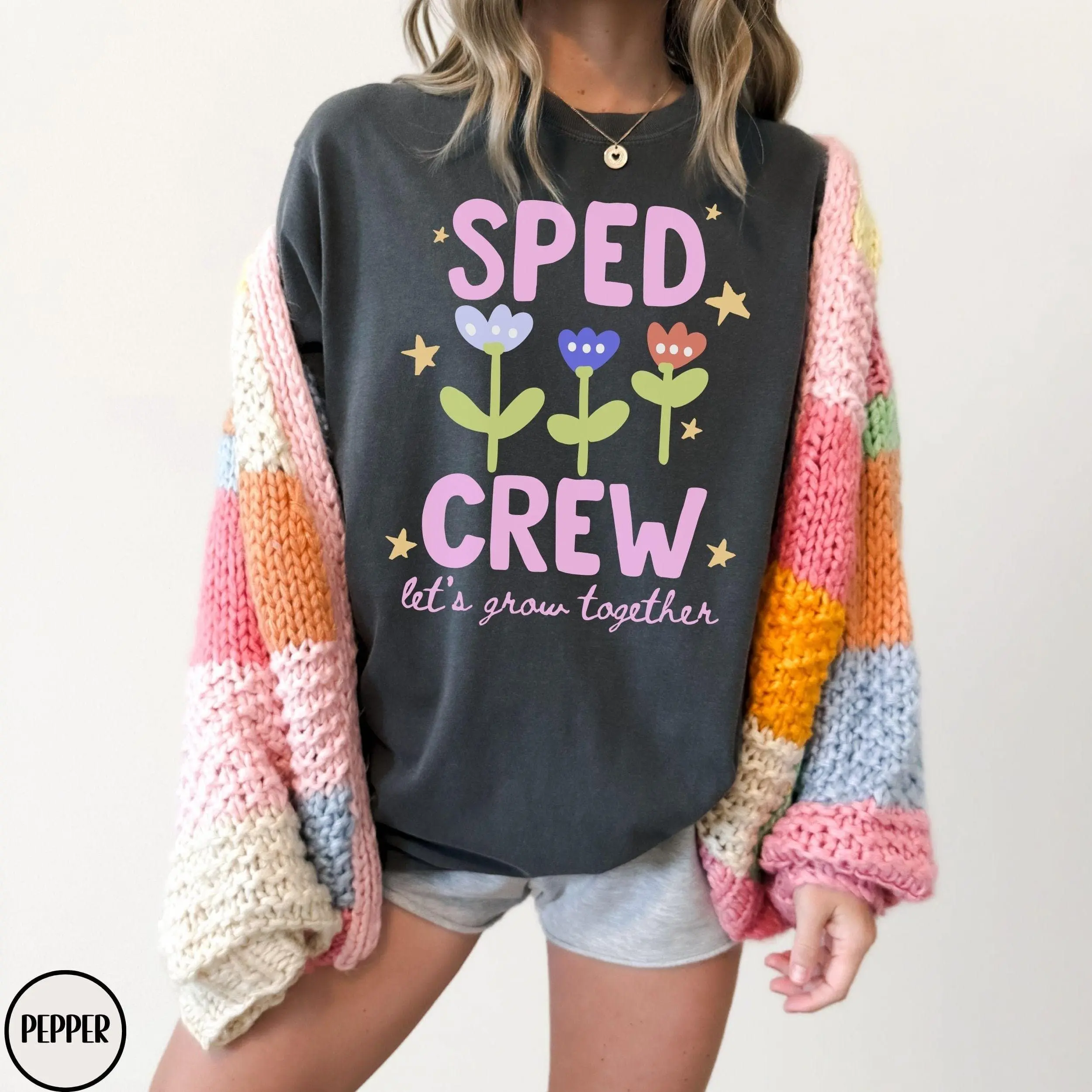 Comfort Colors Sped Crew Shirt, Floral Special Education Teacher Tee, Let's Grow Together T-Shirt