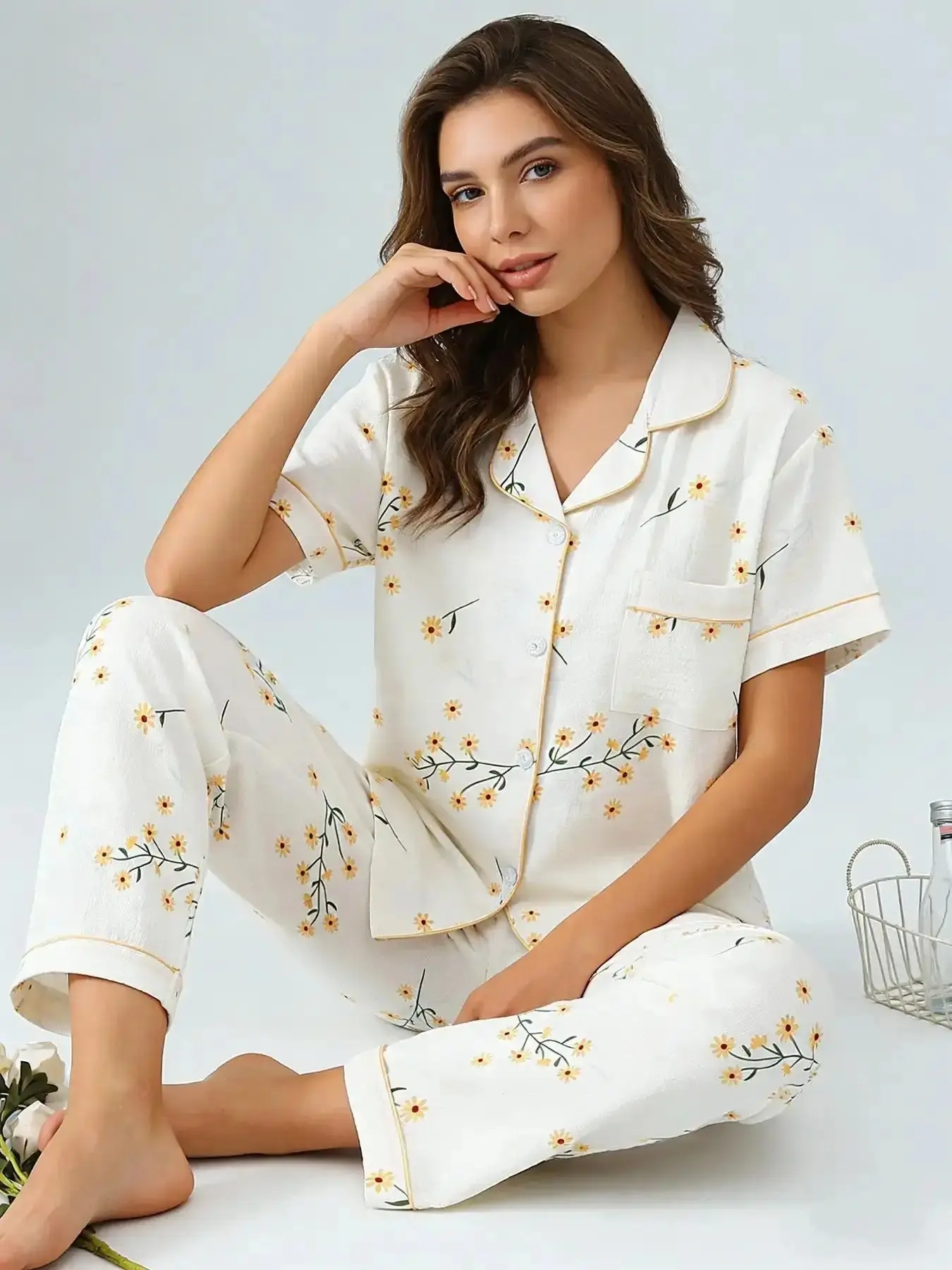 Chic Minimalist French Cream Tulip Pajama Set for Women Trendy Outfits, Button Down Short Sleeve Long Pants, Spring Summer Loungewear, Nightwear, Sleepwear, Floral Print, Cute Home Outfit, Vacation Essentials, Event