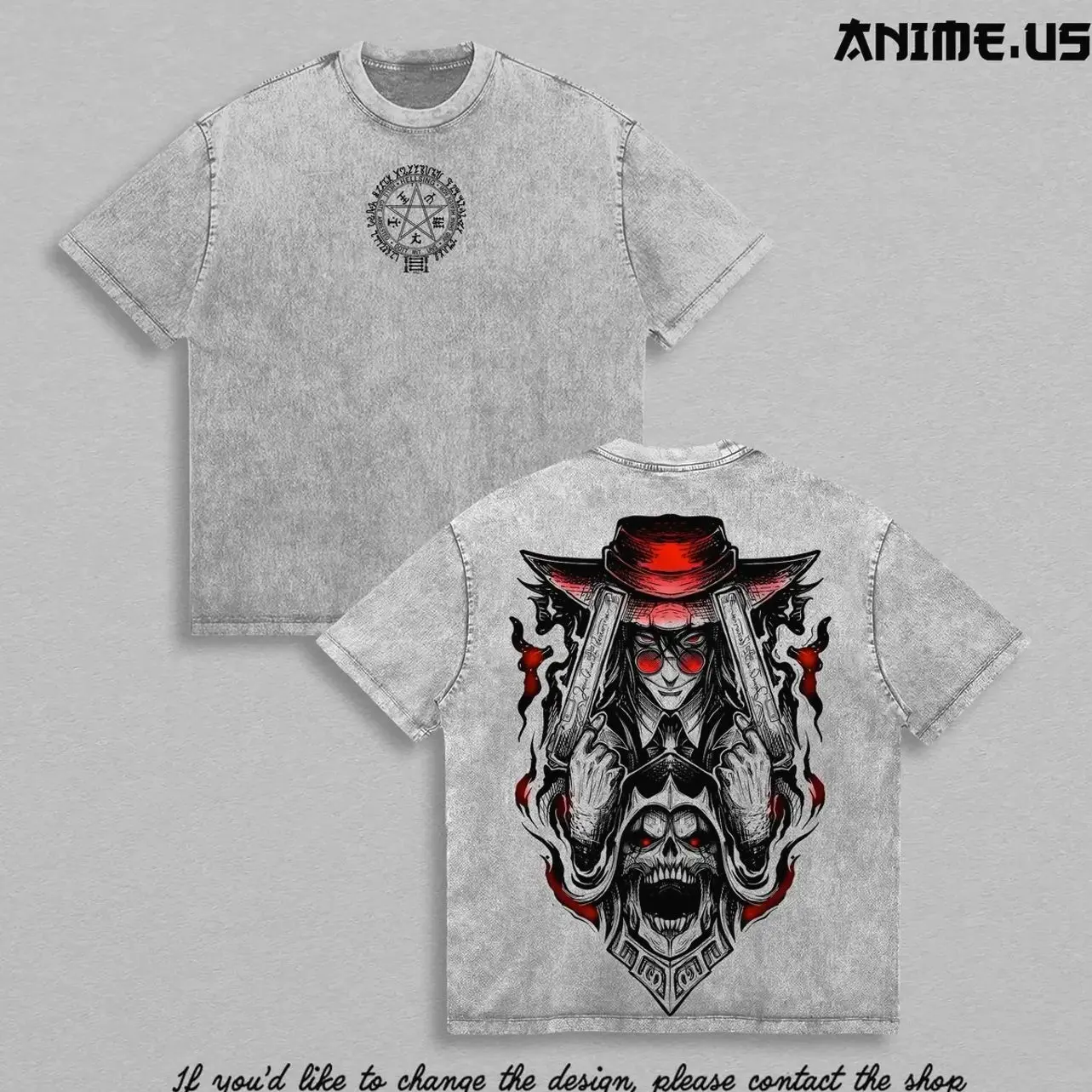 Alucard Hellsing Ultimate Vintage Washed Anime Tee Oversized Heavyweight Cotton Gothic Vampire Graphic T-Shirt Double Sided Streetwear Unisex FDN