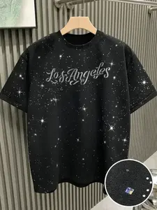 New Men's Short Sleeve T-Shirt, Fashion Starry Sky Reflective Craft, Letter Print Design, Sparkling Like Stars, Must-Have Casual
