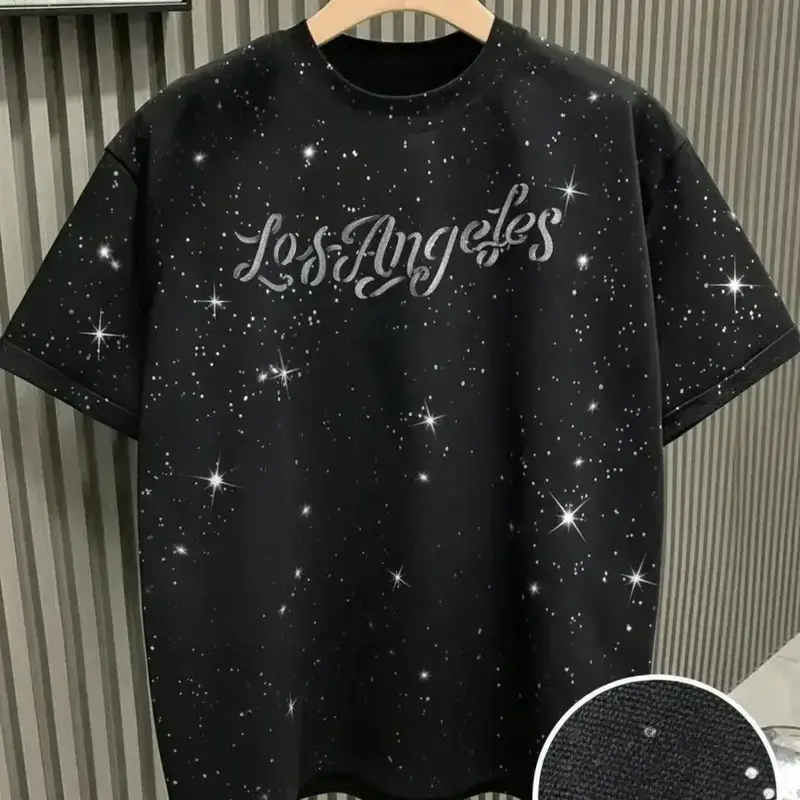 New Men's Short Sleeve T-Shirt Round Neck, Fashion Starry Sky Reflective Craft, Letter Print Design, Sparkling Like Stars, Must-Have Casual Streetwear, Glossy, Casual Graphic Tee, Casual Graphic Top