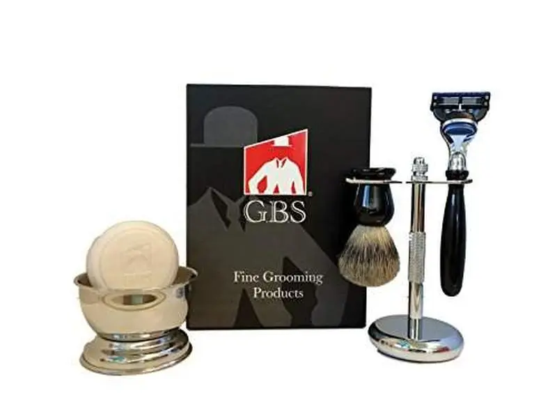 G.B.S Premium Chrome Shaving Set for Men, Shaving Brush and Stainless Razor Stand, Shave Soap and Bowl Comfort Smooth Shave