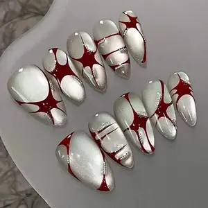 Red Starburst Chrome Press On Nails, Pearl White Cat Eye Nails, Y2K Retro Abstract Nail Set, Futuristic Silver Accent Nails