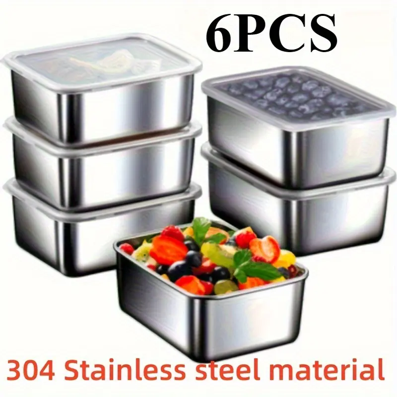 6-Pack Stainless Steel Food Storage Containers Set with Transparent Lids, Stackable Reusable Lunch Bento Boxes for Camp Kitchen, Outdoor Picnics, Meal Prep