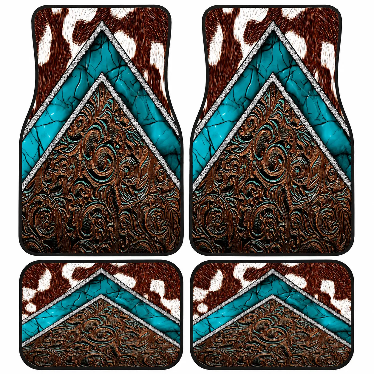 Set of 4 Car Mats Featuring a Western Cowboy Design with Cowhide And Turquoise, Perfect As a Gift.These Durable Floor Mats, Car Interior Accessory, Are Suitable for Trucks, Cars, And Suvs