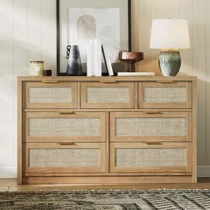 Modern Rattan 7-Drawer Dresser – Wide Wooden Chest with Golden Handles – Bedroom Storage Organizer, Farmhouse Closet Dresser, TV Stand, Nursery Cabinet