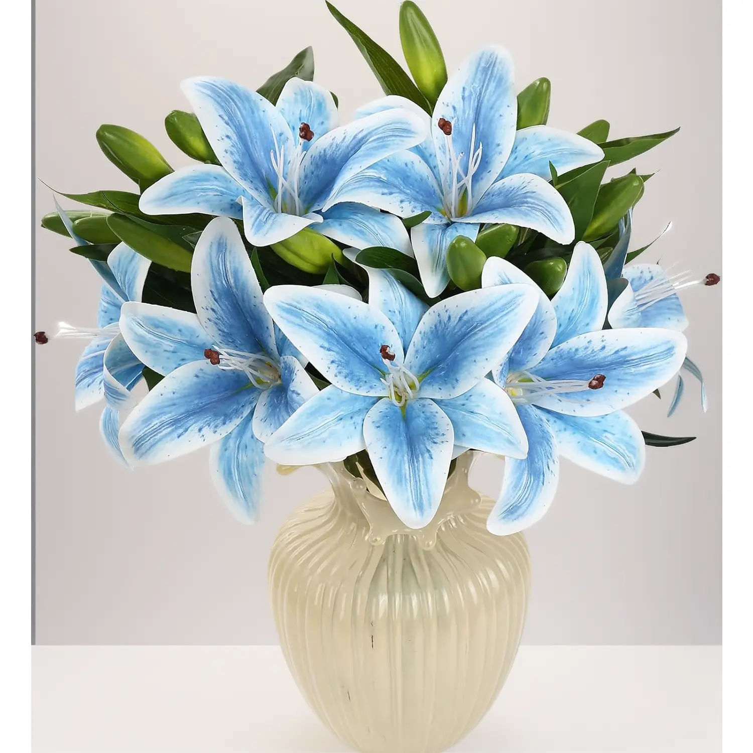 6 pieces tiger lily artificial flowers real touch fake lilies with stems. Faux lilies bouquet for wedding floral arrangements Easter home table centerpiece office decor in light blue.