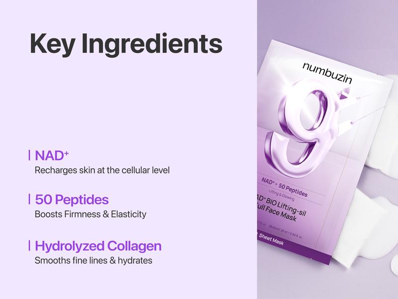 [numbuzin official shop] No.9 NAD+ Lifting Sheet Mask | NAD+ BIO Lifting-sil Full Face Mask | 4 Sheets+Lifting Band | For Face Lifting, Jawline, Double-chin, Neck, V-line | 50 Peptides & NAD+ & Collagen