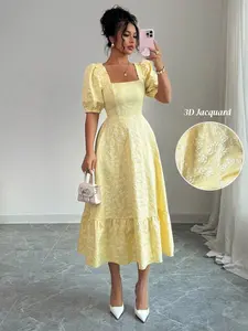Women's Elegant Daisy Jacquard Midi Dress | Solid Color Ruched Waist Puff Sleeve Sundress | Sweet Square Neck A-Line Holiday Dress | Textured Floral Daily Casual Dress | Summer Vacation & Afternoon Tea Outfit | Chic Cottagecore Picnic Dress