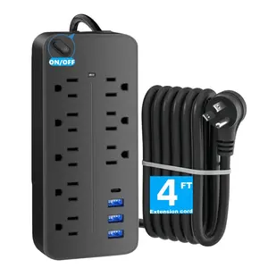 4ft, 12-in-1 Power Outlet with 8 Sockets,3 USB Ports & 1 USB-C Ports, Flat Plug, Wall Mountable, Overload Protected Power Hub for Home and Office, Multi Outlet Wall Plug, Powerhup with USB Ports, Flat Plug Power Bar, Multidevice Charging Station