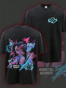 Retro Acid Wash Game Character Jinx Unisex Short Sleeve, Front Small Cloud Graffiti On Left Chest Back Dynamic Graffiti Splash Jinx Graphic With Boom Pow Slogan & Against All Authority Print, Trendy Streetwear Tshirt