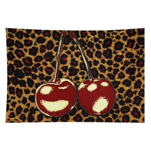 Cherry & Leopard Print Tapestry Wall Hanging - Premium Peach Light Beige Fleece Fabric, Horizontal Girly Decoration, Living Room Whimsical Accessory, Ideal for Home Gifting summerwins,summerwins