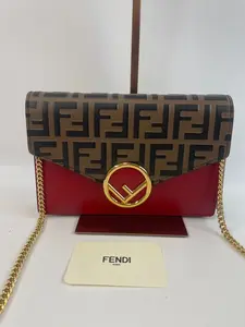 Pre-owned FENDI Calfskin Leather Crossbody Bags F is Envelope Wallet on Chain Red Brown FF Embossed Leather Gold Hardware(BF 12Z)