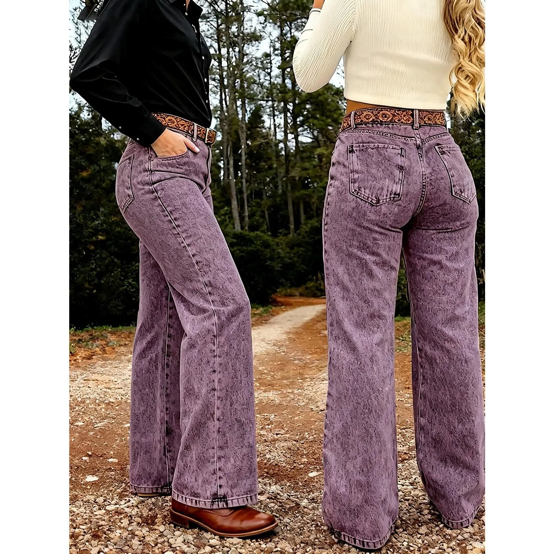 Women's Plus Size Boho Straight Leg Jeans in Purple, High-Waisted Cropped Stretch Cotton Denim with Button Zipper Closure, Bottom, Pants, Trouser, High Waisted Pants, Stretch Pants