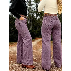 Plus Size Purple Stretch Jeans: High-waisted straight-leg style with button closure. Made of comfortable, machine-washable denim for year-round casual to formal wear.