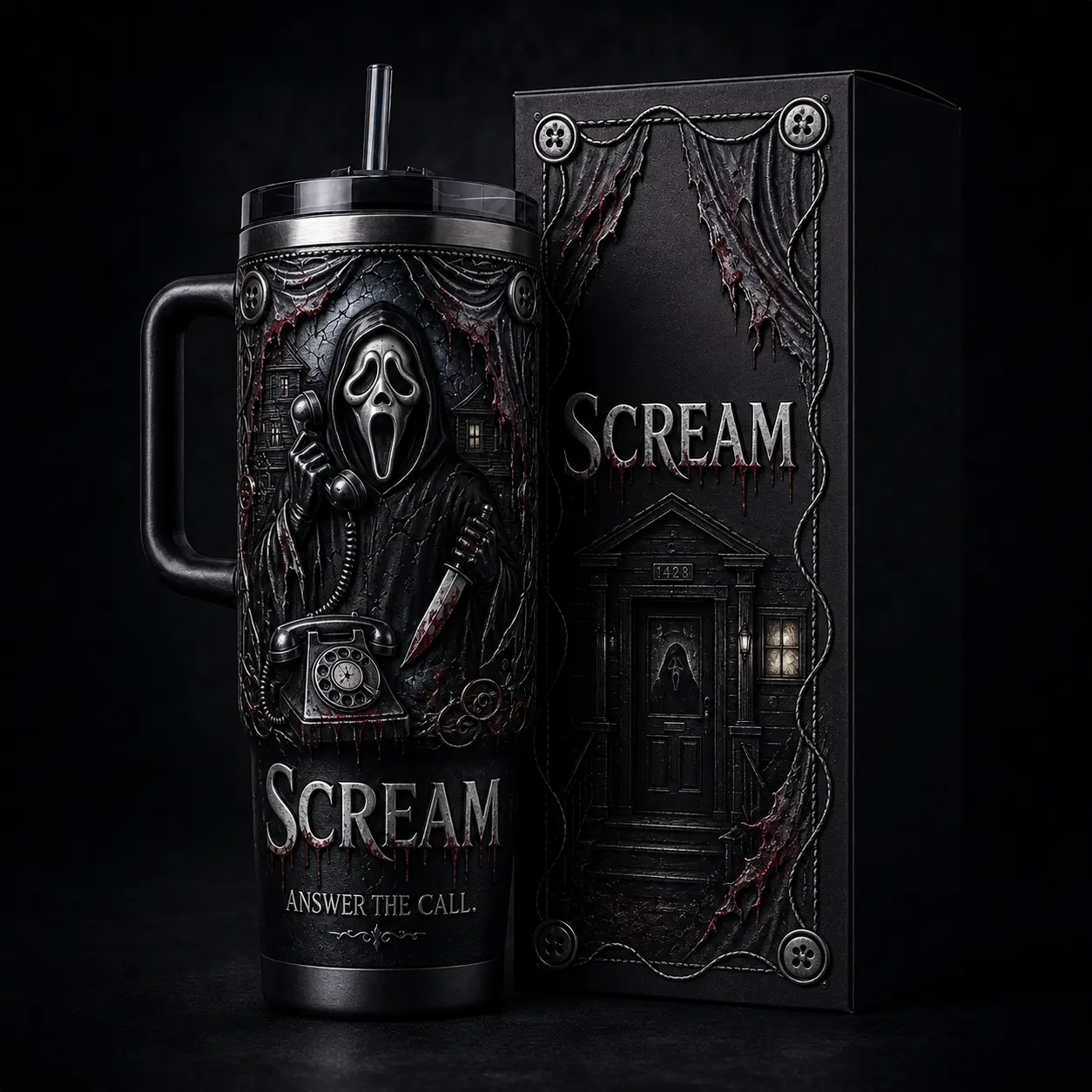 Ghost Face Halloween 40oz Premium Stainless Steel Tumbler With Handle , Scream Inspired Design, Insulated Travel Mug, Halloween Gift for Horror, Halloween Collector Tumbler, Spooky Season Drinkware
