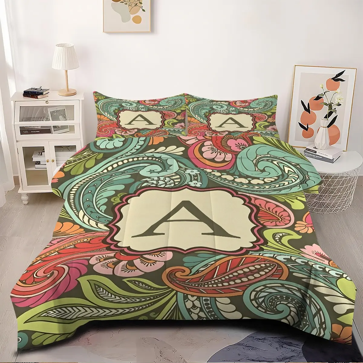 Boho Paisley A‑M Cartouche Comforter Set 2/3Pcs｜Vibrant Teal Burnt Orange Scalloped Bedding, Soft Lightweight Cozy Bedroom Decor, Full Queen King Size (Pillow Insert Not Included)
