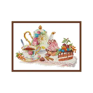 Afternoon Tea Cross Stitch Kit 220X152 Counted Embroidery DIY Craft Traditional Cozy Wall Art for Living Room Holiday Gift Premium Threads Pre-Printed Fabric Needles Easy Instructions