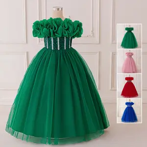 7-12Y Dark Pink 0058 Kids Clothes Flower Girls Princess Long Ball Gown Frock Sequins Mesh Ball Gown Children Formal Evening Party Banquet Pageant Prom Host Cocktail Dress