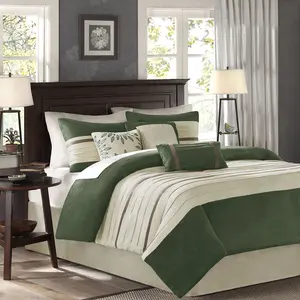 360 Stand Madison Park MP10-7488 90x90x1.5in Palmer Pieced Faux Suede Comforter Set, Green, 7-Piece Transitional Bedding Sets, Queen Size Bed, Machine Washable