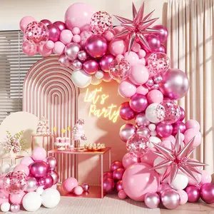 140Pcs Pink Balloon Garland Arch Backdrop Set - Hot Light Metallic, Pastel Pink, White Confetti, Star, Square Balloons with Printed Letters for Birthday, New Year Party Decorations